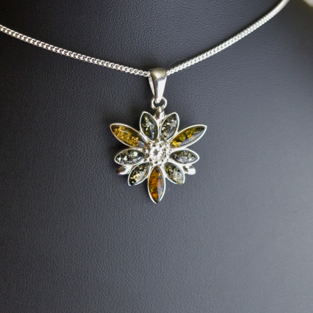 Verdant Vignette - Elegant Floral Green Amber 925 Sterling Silver Necklace (Pendant with Sterling Silver Chain)