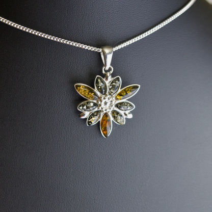 Verdant Vignette - Elegant Floral Green Amber 925 Sterling Silver Necklace (Pendant with Sterling Silver Chain)