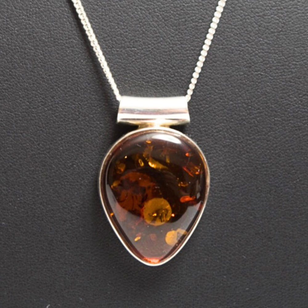 Cognac Elegance - The Amber Teardrop Vision 925 Sterling Silver Necklace (Pendant with Sterling Silver Chain)