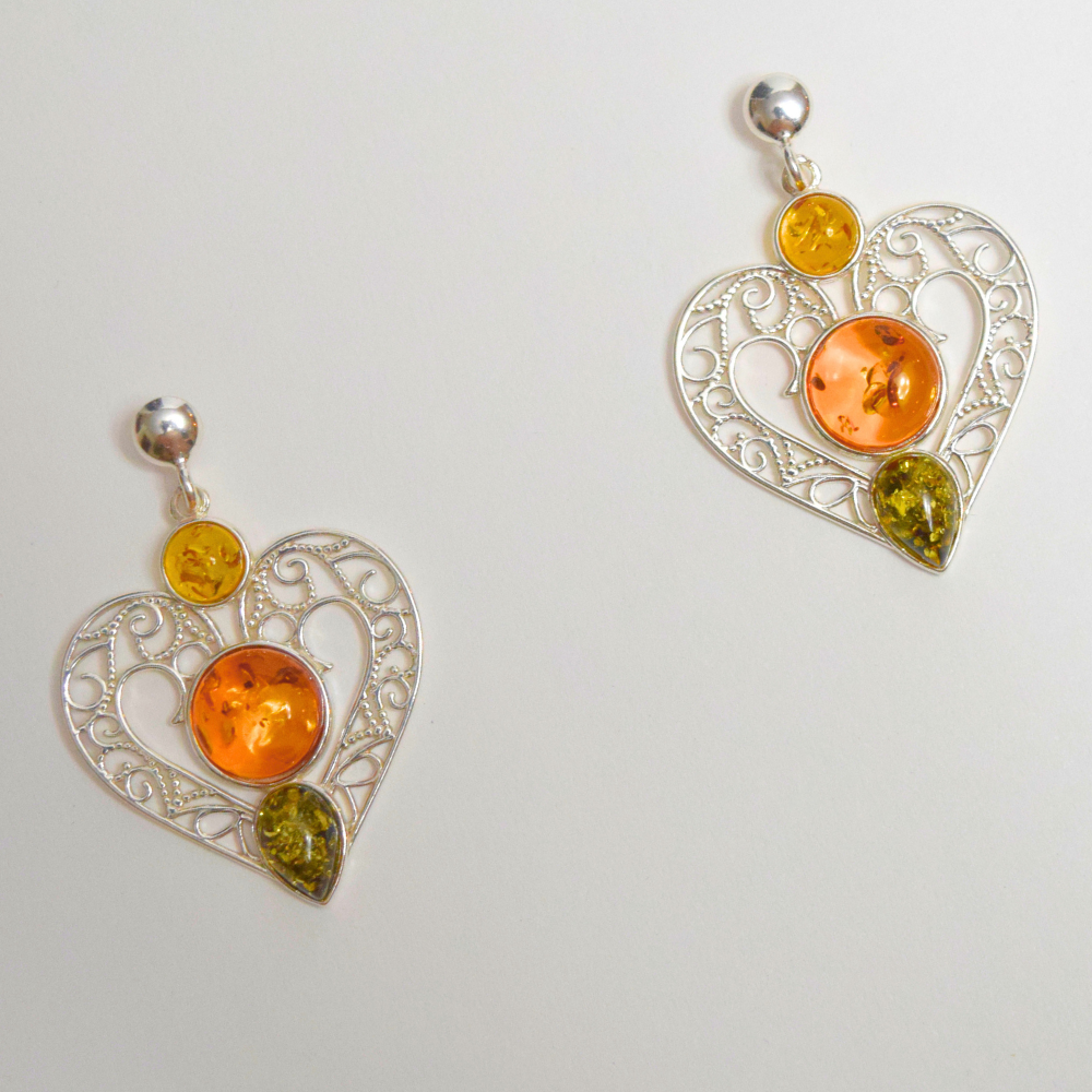 Amber Heart Symphony - Tricolor Baltic Amber 925 Sterling Silver Drop Earrings