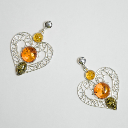 Amber Heart Symphony - Tricolor Baltic Amber 925 Sterling Silver Drop Earrings