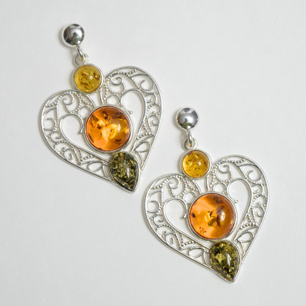 Amber Heart Symphony - Tricolor Baltic Amber 925 Sterling Silver Drop Earrings