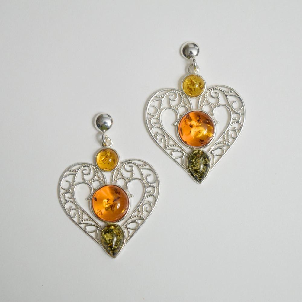 Amber Heart Symphony - Tricolor Baltic Amber 925 Sterling Silver Drop Earrings