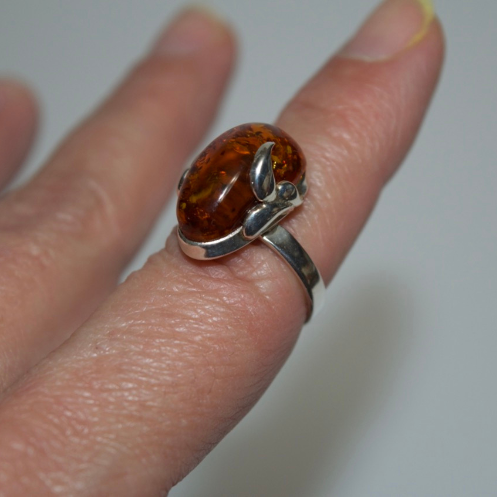 Whispers of Nature - Teardrop Elegance Cognac Baltic Amber 925 Sterling Silver Ring