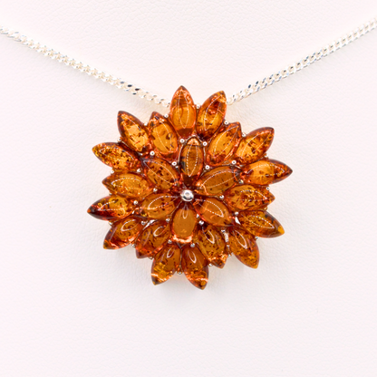 Amber Blossom - Classic Multi-Stone Floral Baltic Amber 925 Sterling Silver Necklace (Pendant with Sterling Sliver Chain)