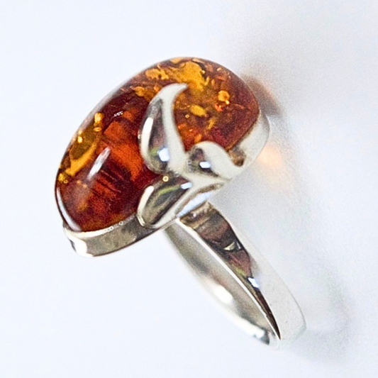 Whispers of Nature - Teardrop Elegance Cognac Baltic Amber 925 Sterling Silver Ring