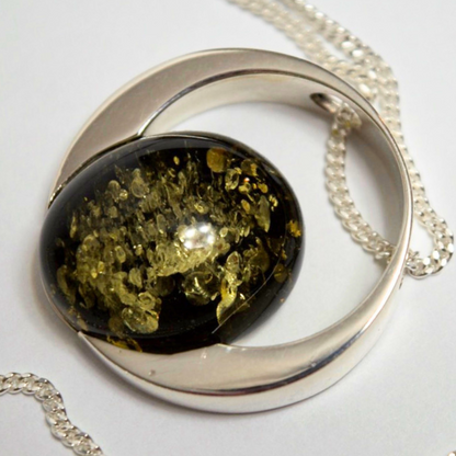 Verdant Halo - The Luminous Green Amber Orb 925 Sterling Silver Necklace (Pendant with Sterling Silver Chain)