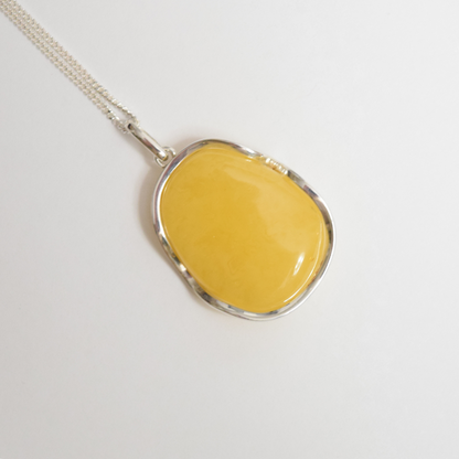 Lemon Luminescence - 925 Sterling Silver Encased Baltic Amber Necklace (Pendant with Sterling Silver Chain)