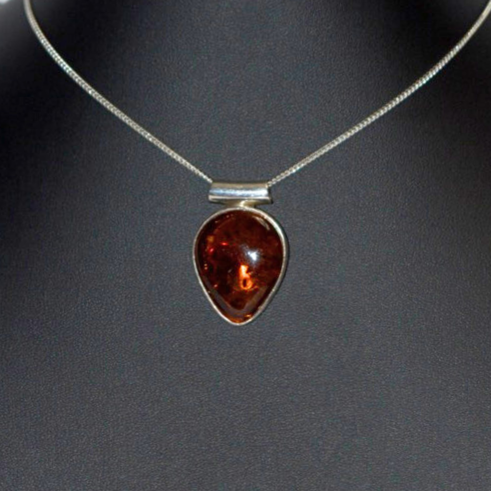 Cognac Elegance - The Amber Teardrop Vision 925 Sterling Silver Necklace (Pendant with Sterling Silver Chain)