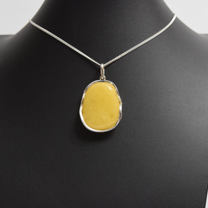 Lemon Luminescence - 925 Sterling Silver Encased Baltic Amber Necklace (Pendant with Sterling Silver Chain)