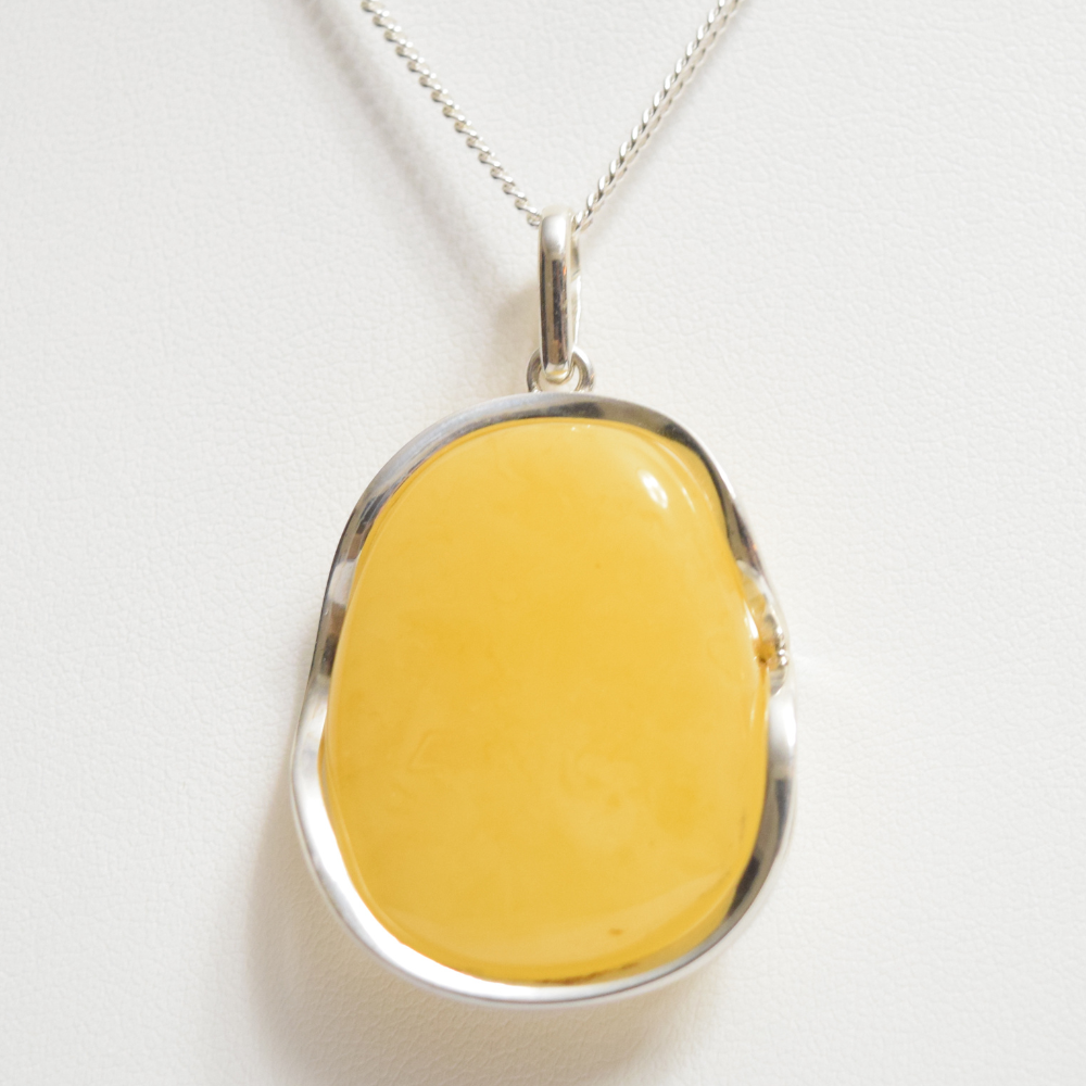 Lemon Luminescence - 925 Sterling Silver Encased Baltic Amber Necklace (Pendant with Sterling Silver Chain)