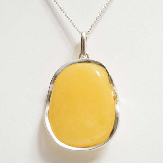 Lemon Luminescence - 925 Sterling Silver Encased Baltic Amber Necklace (Pendant with Sterling Silver Chain)