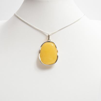 Lemon Luminescence - 925 Sterling Silver Encased Baltic Amber Necklace (Pendant with Sterling Silver Chain)