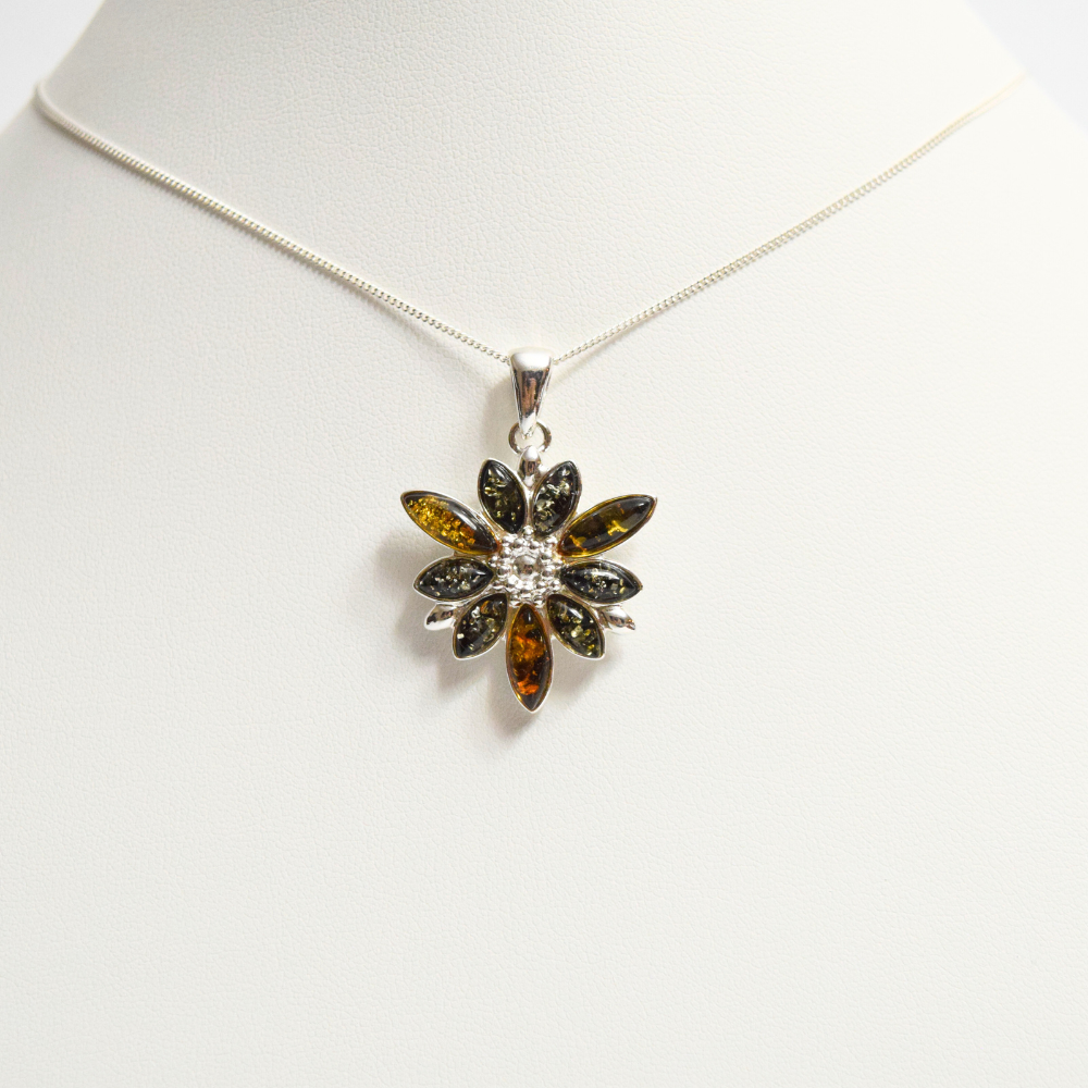 Verdant Vignette - Elegant Floral Green Amber 925 Sterling Silver Necklace (Pendant with Sterling Silver Chain)