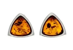 Cognac Vertex - Triangular Baltic Amber 925 Sterling Silver Stud Earrings