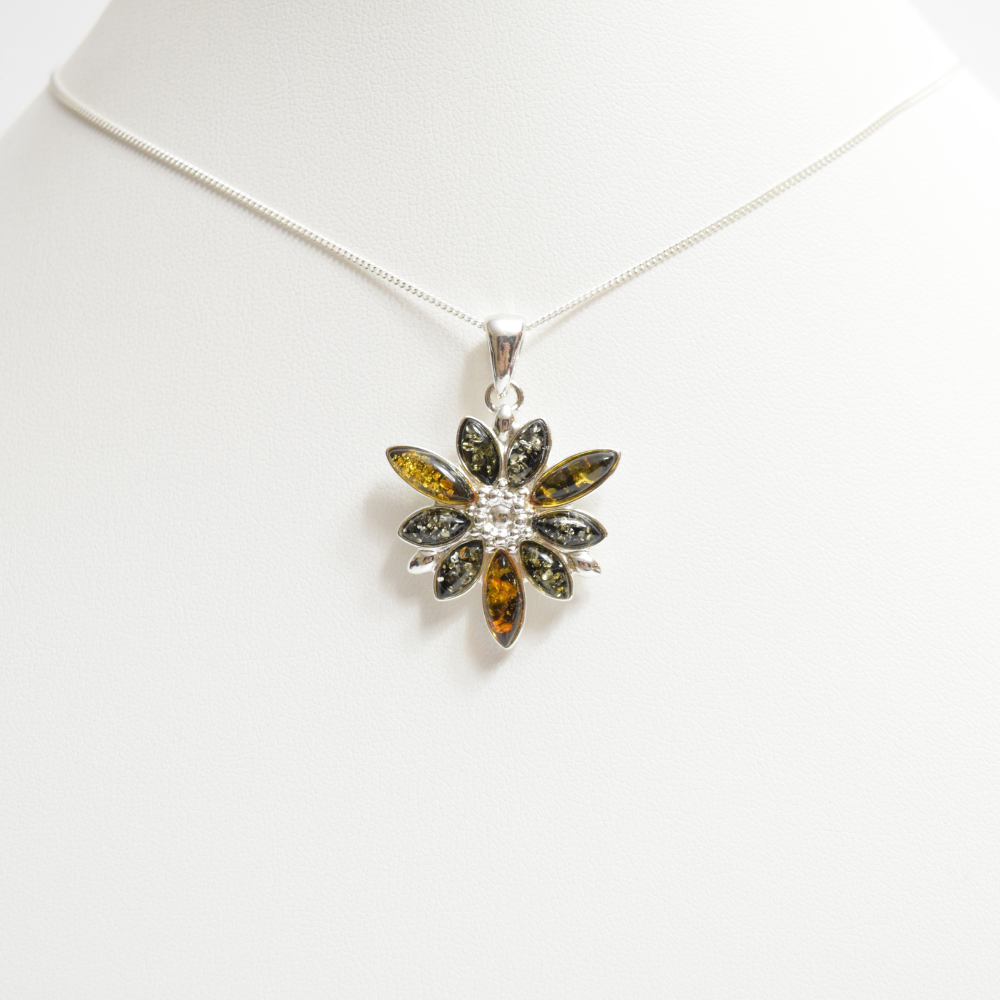 Verdant Vignette - Elegant Floral Green Amber 925 Sterling Silver Necklace (Pendant with Sterling Silver Chain)