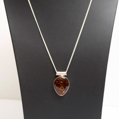 Cognac Elegance - The Amber Teardrop Vision 925 Sterling Silver Necklace (Pendant with Sterling Silver Chain)