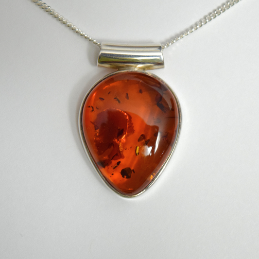 Cognac Elegance - The Amber Teardrop Vision 925 Sterling Silver Necklace (Pendant with Sterling Silver Chain)