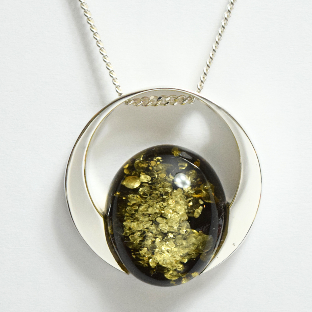 Verdant Halo - The Luminous Green Amber Orb 925 Sterling Silver Necklace (Pendant with Sterling Silver Chain)