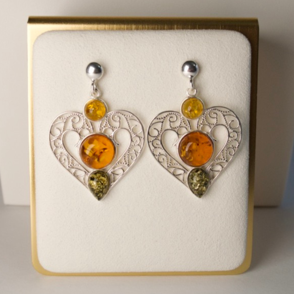 Amber Heart Symphony - Tricolor Baltic Amber 925 Sterling Silver Drop Earrings