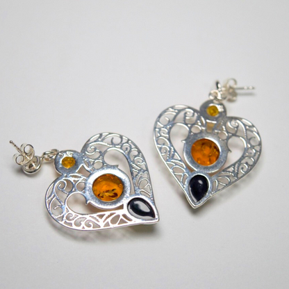 Amber Heart Symphony - Tricolor Baltic Amber 925 Sterling Silver Drop Earrings