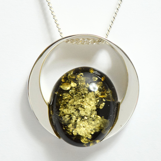 Verdant Halo - The Luminous Green Amber Orb 925 Sterling Silver Necklace (Pendant with Sterling Silver Chain)