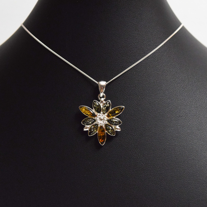 Verdant Vignette - Elegant Floral Green Amber 925 Sterling Silver Necklace (Pendant with Sterling Silver Chain)