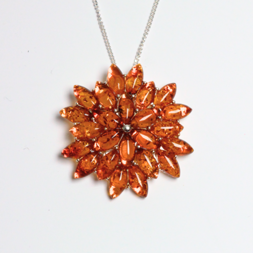 Amber Blossom - Classic Multi-Stone Floral Baltic Amber 925 Sterling Silver Necklace (Pendant with Sterling Sliver Chain)