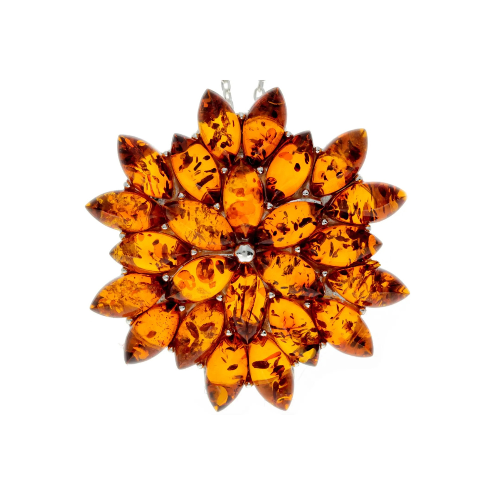 Amber Blossom - Classic Multi-Stone Floral Baltic Amber 925 Sterling Silver Necklace (Pendant with Sterling Sliver Chain)