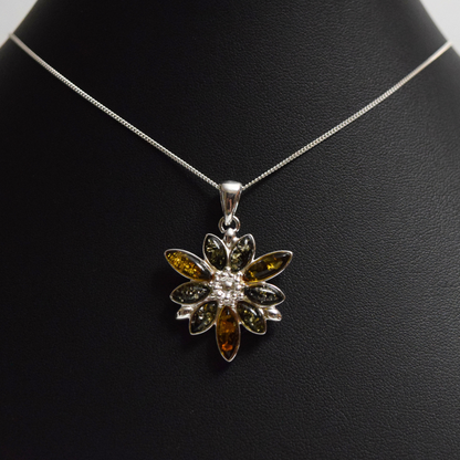 Verdant Vignette - Elegant Floral Green Amber 925 Sterling Silver Necklace (Pendant with Sterling Silver Chain)