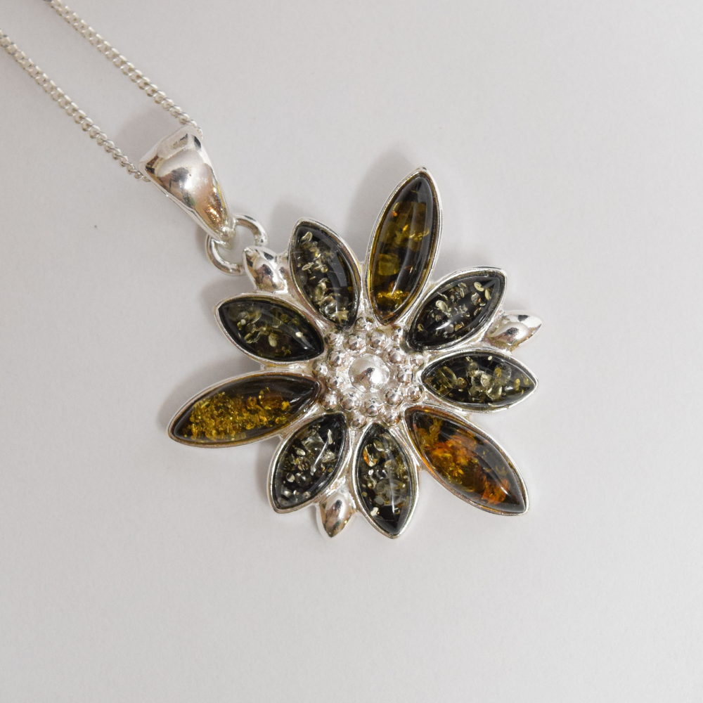 Verdant Vignette - Elegant Floral Green Amber 925 Sterling Silver Necklace (Pendant with Sterling Silver Chain)