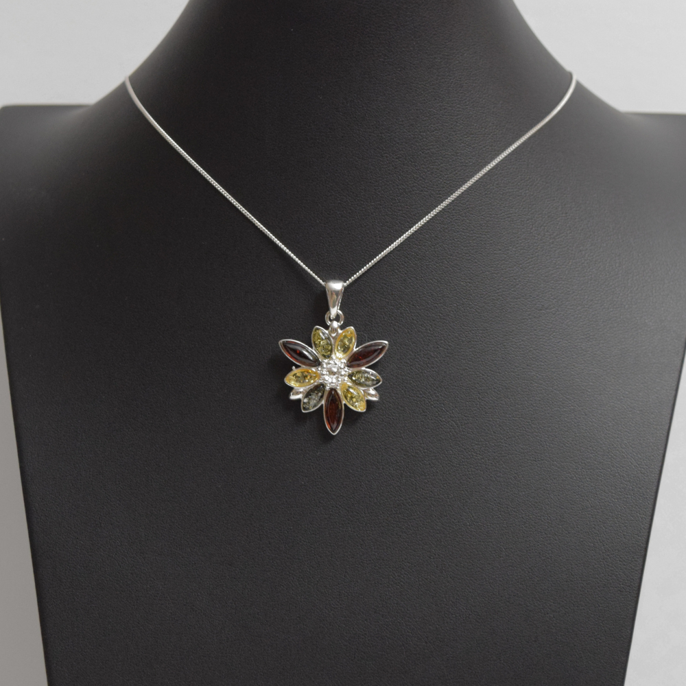 Baltic Blossom - Exquisite Floral Tricolor Amber 925 Sterling Silver Necklace (Pendant with Sterling Silver Chain)