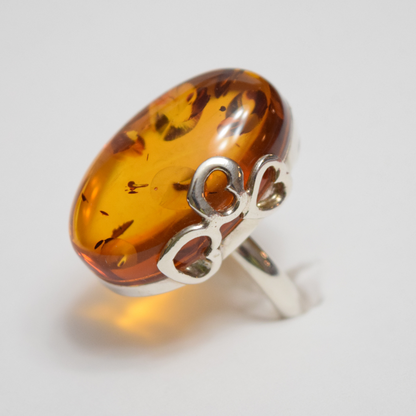 Cognac Hearts - Elegance with Hearts on Amber 925 Sterling Silver Ring