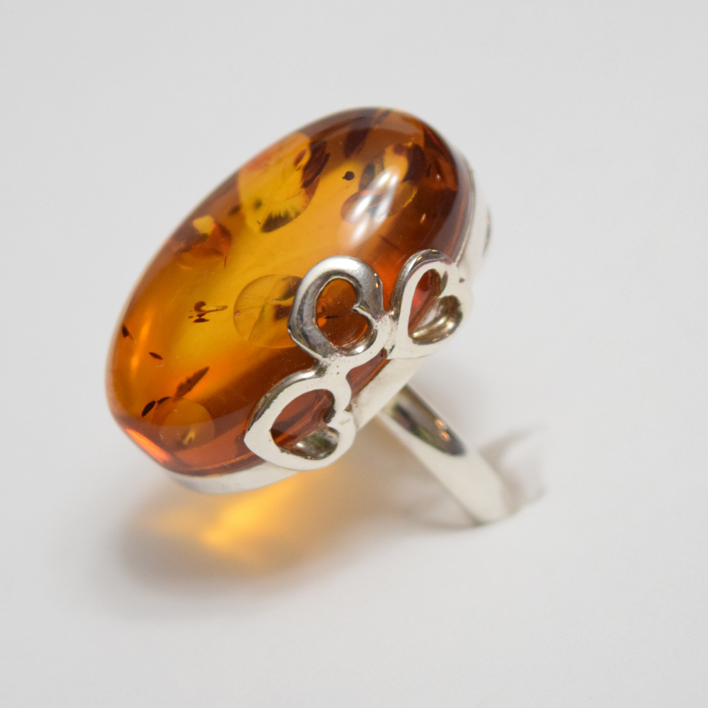 Cognac Hearts - Elegance with Hearts on Amber 925 Sterling Silver Ring