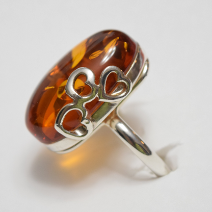 Cognac Hearts - Elegance with Hearts on Amber 925 Sterling Silver Ring