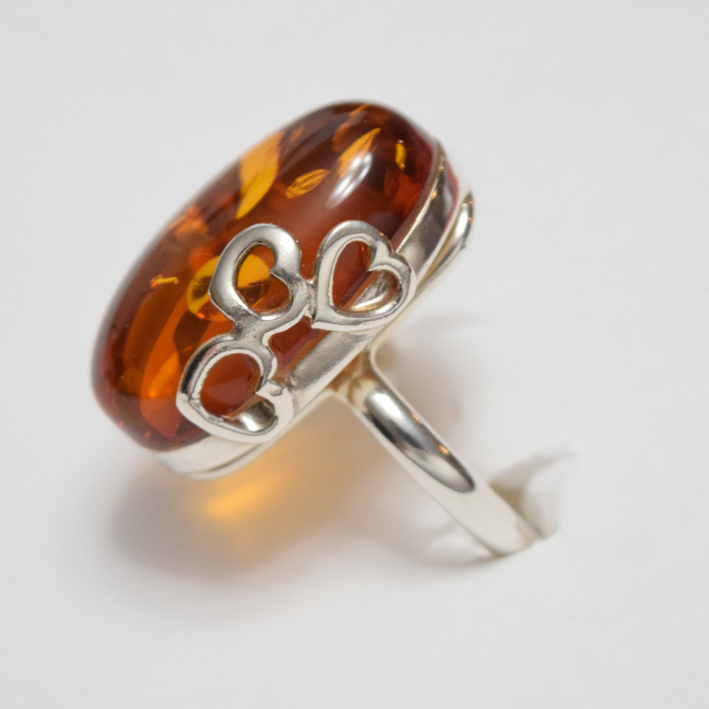 Cognac Hearts - Elegance with Hearts on Amber 925 Sterling Silver Ring