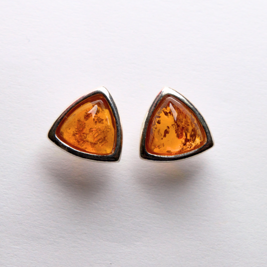 Cognac Vertex - Triangular Baltic Amber 925 Sterling Silver Stud Earrings