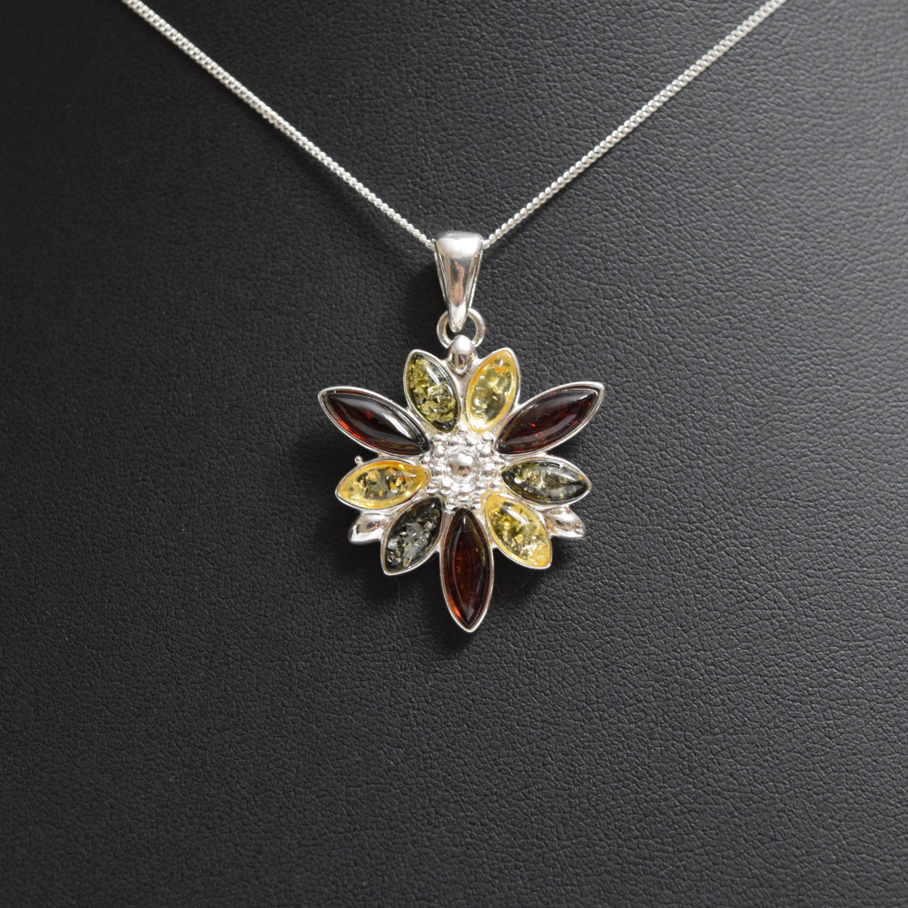 Baltic Blossom - Exquisite Floral Tricolor Amber 925 Sterling Silver Necklace (Pendant with Sterling Silver Chain)