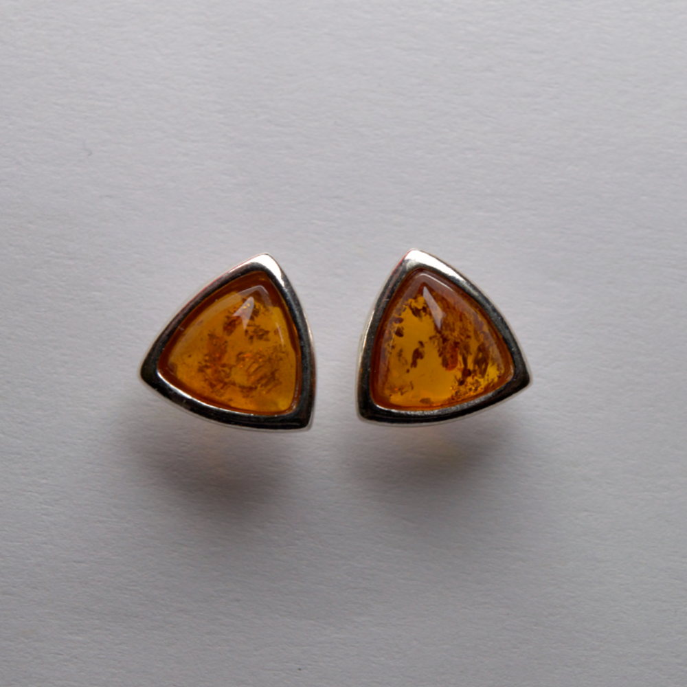 Cognac Vertex - Triangular Baltic Amber 925 Sterling Silver Stud Earrings