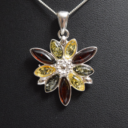 Baltic Blossom - Exquisite Floral Tricolor Amber 925 Sterling Silver Necklace (Pendant with Sterling Silver Chain)