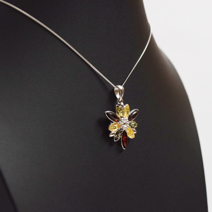 Baltic Blossom - Exquisite Floral Tricolor Amber 925 Sterling Silver Necklace (Pendant with Sterling Silver Chain)