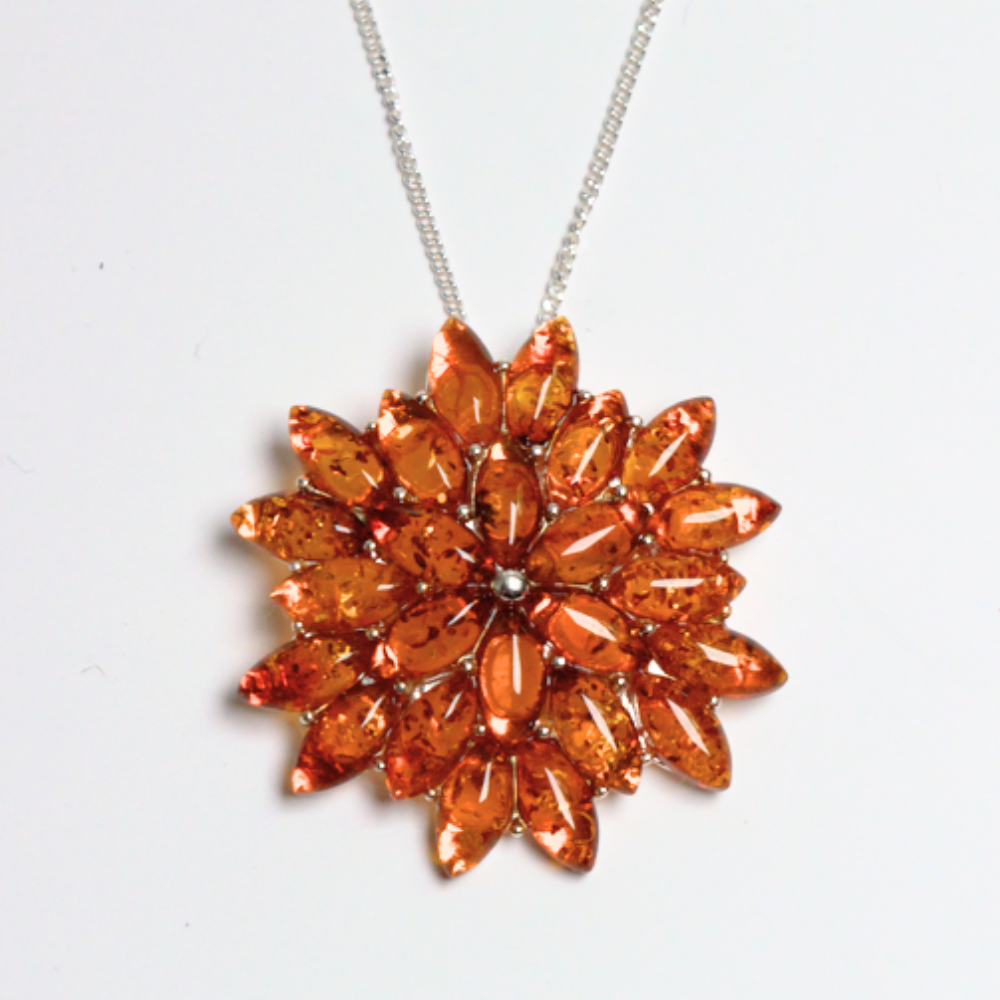 Amber Blossom - Classic Multi-Stone Floral Baltic Amber 925 Sterling Silver Necklace (Pendant with Sterling Sliver Chain)