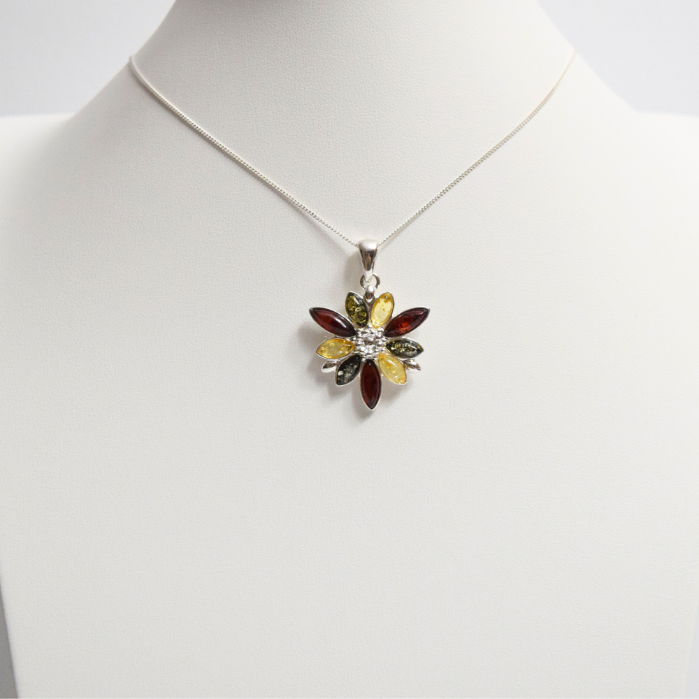 Baltic Blossom - Exquisite Floral Tricolor Amber 925 Sterling Silver Necklace (Pendant with Sterling Silver Chain)