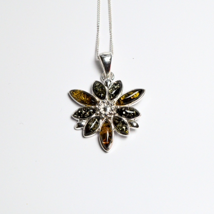 Verdant Vignette - Elegant Floral Green Amber 925 Sterling Silver Necklace (Pendant with Sterling Silver Chain)