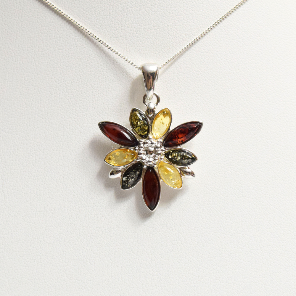 Baltic Blossom - Exquisite Floral Tricolor Amber 925 Sterling Silver Necklace (Pendant with Sterling Silver Chain)