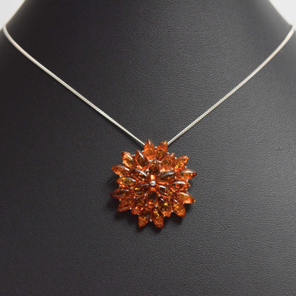 Amber Blossom - Classic Multi-Stone Floral Baltic Amber 925 Sterling Silver Necklace (Pendant with Sterling Sliver Chain)