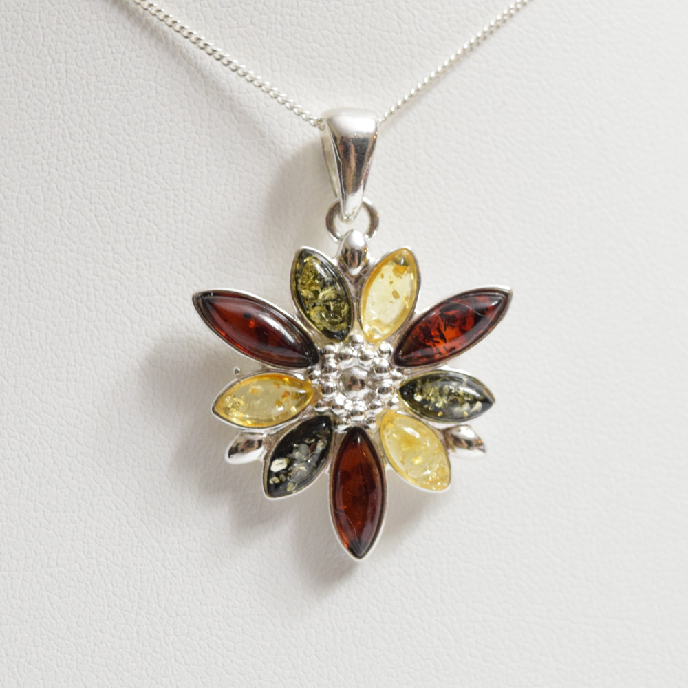 Baltic Blossom - Exquisite Floral Tricolor Amber 925 Sterling Silver Necklace (Pendant with Sterling Silver Chain)