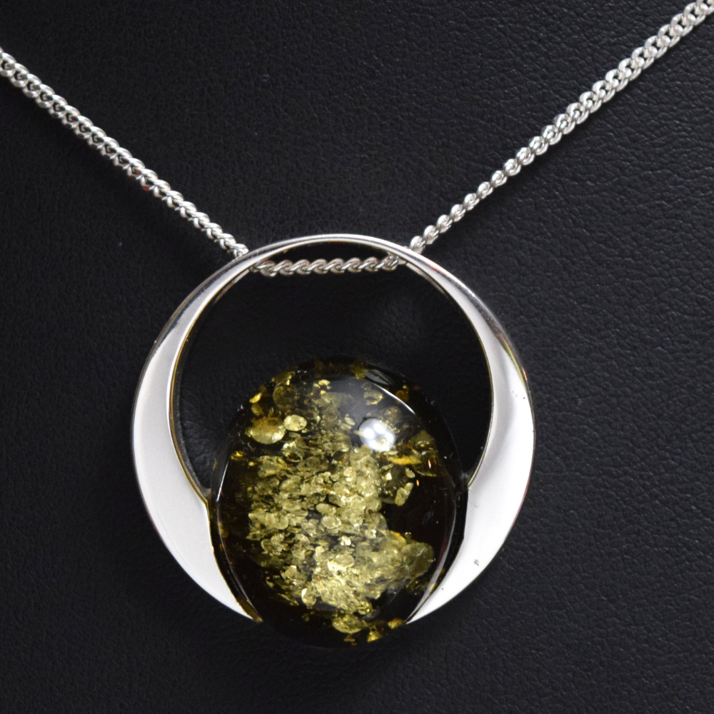 Verdant Halo - The Luminous Green Amber Orb 925 Sterling Silver Necklace (Pendant with Sterling Silver Chain)