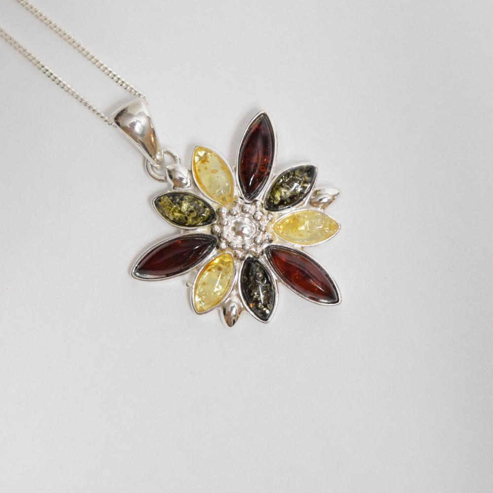 Baltic Blossom - Exquisite Floral Tricolor Amber 925 Sterling Silver Necklace (Pendant with Sterling Silver Chain)