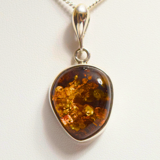 Cognac Essence - 925 Sterling Silver Embraced Baltic Amber Necklace (Pendant with Sterling Silver Chain)